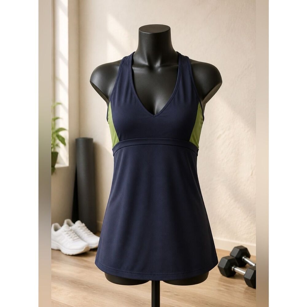 Navy Blue and Lime Green Tankini Top EUC Size Large